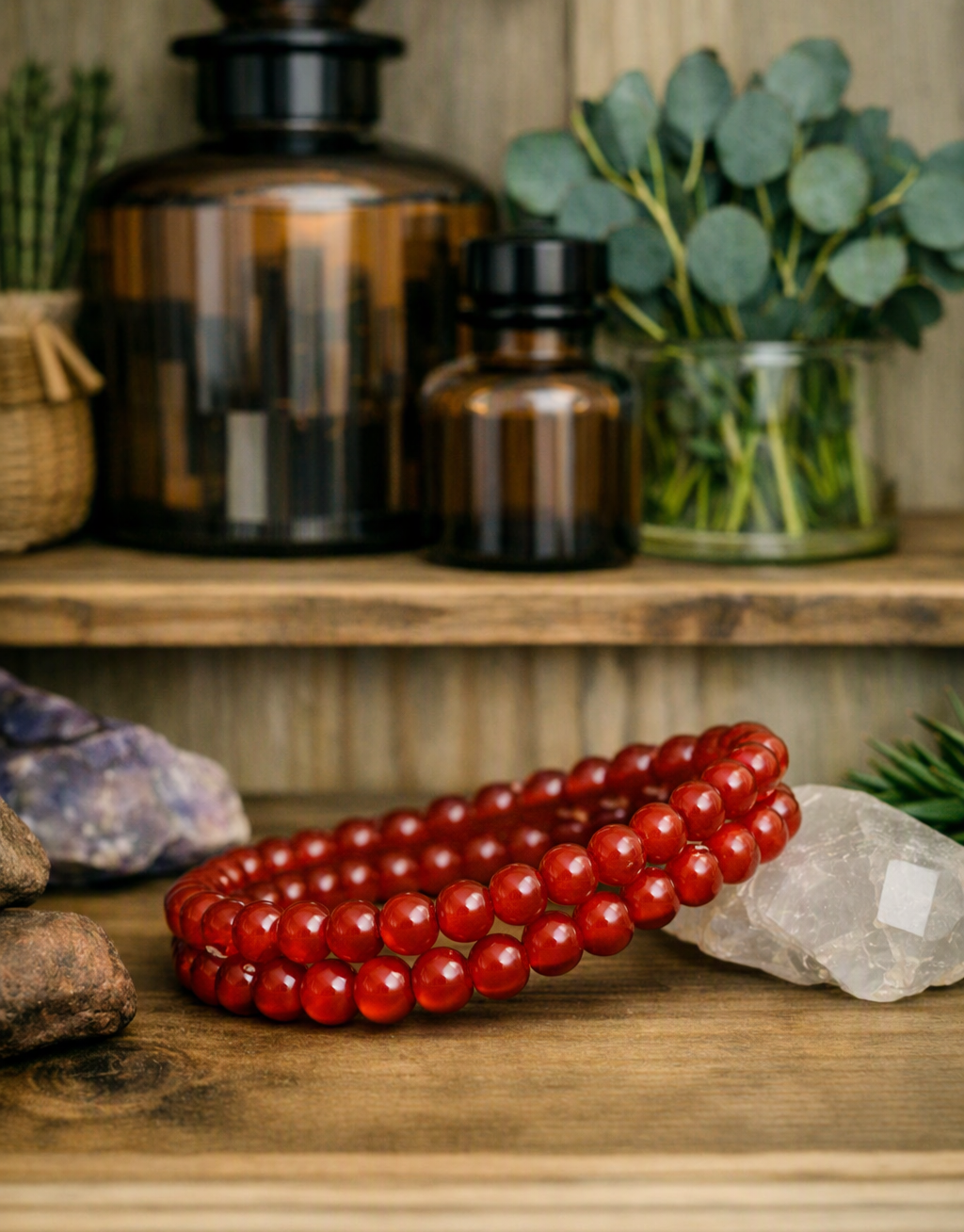 Bracelet en Agate rouge 6mm - Vitalité , Courage , Stabilité émotionnelle